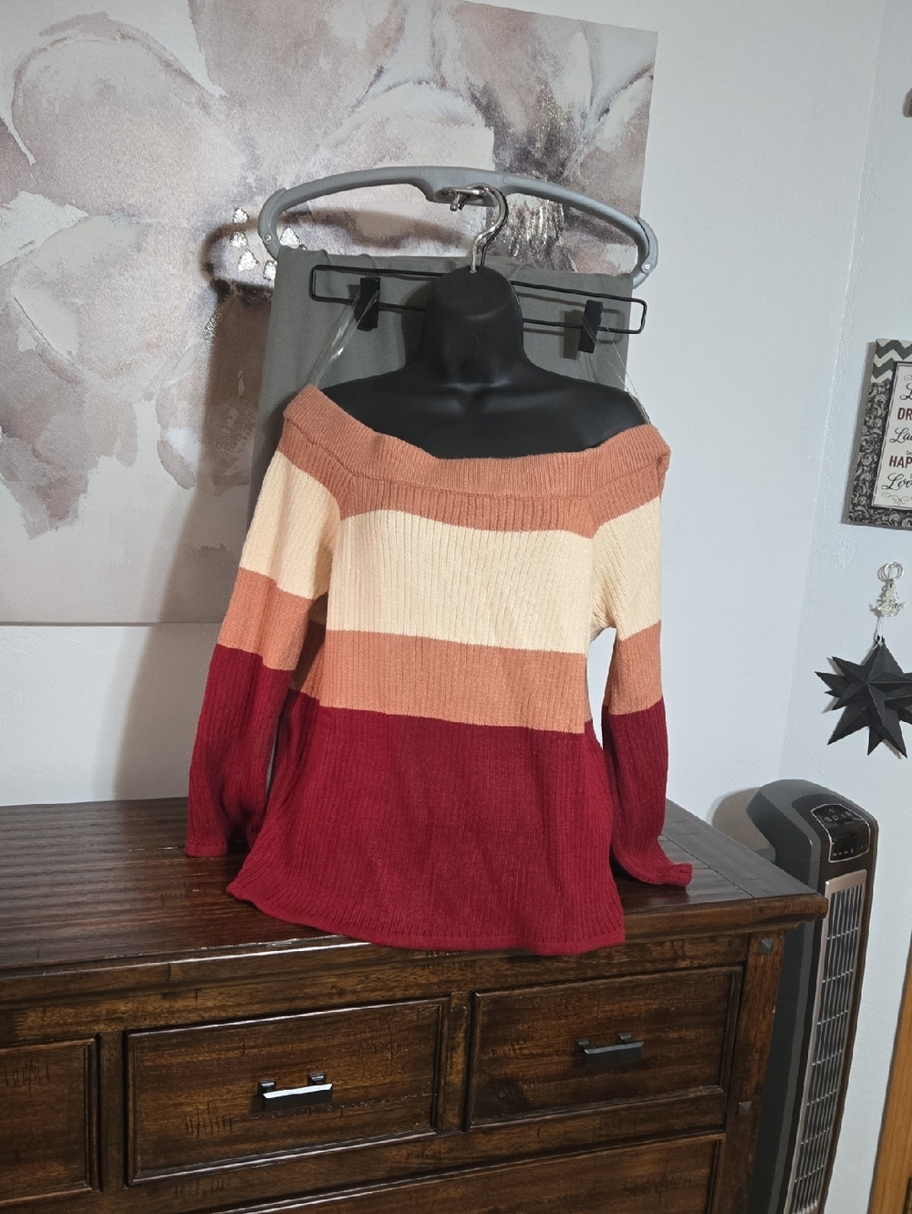 Cozy Co Color Block Off-Shoulder Sweater in Cream, Rust & Wine M/L